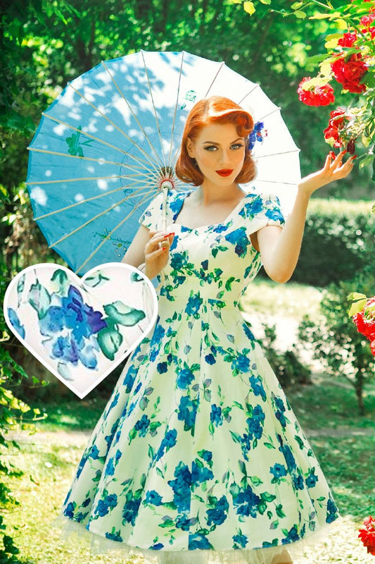 Claudia White Blue Floral Swing Dress