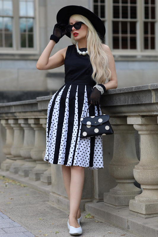 Judith Pleated Black Dress With White Polka Dots