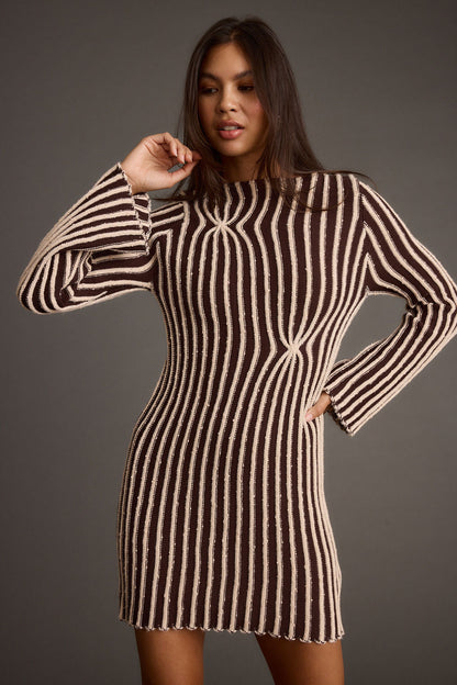 Ember Brown and Cream Knit Striped Mini Dress
