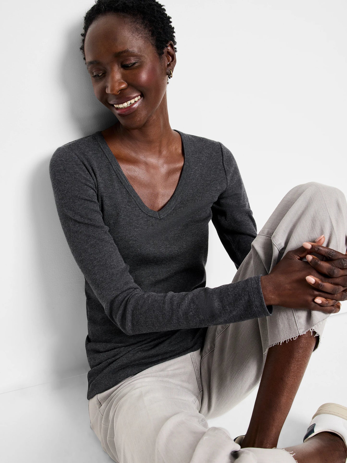 Perfect Knit Rib Long Sleeve V Neck Tee