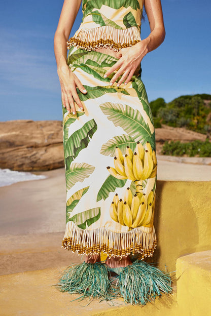 Yellow Fruit Leaves Banana Beaded Fringes Maxi Skirt
