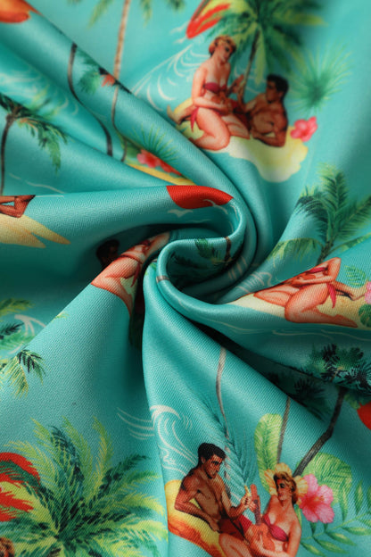 Darlene Turquoise Pinup Swing Dress in Tropical Island Print