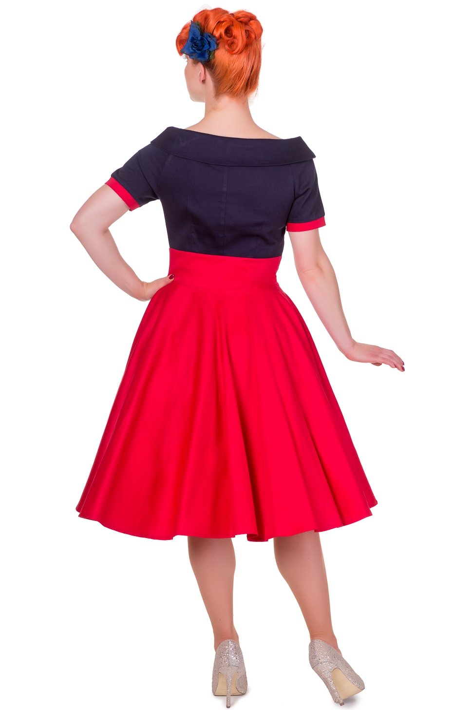 Darlene Retro Full Circle Swing Dress in Navy Blue and Red