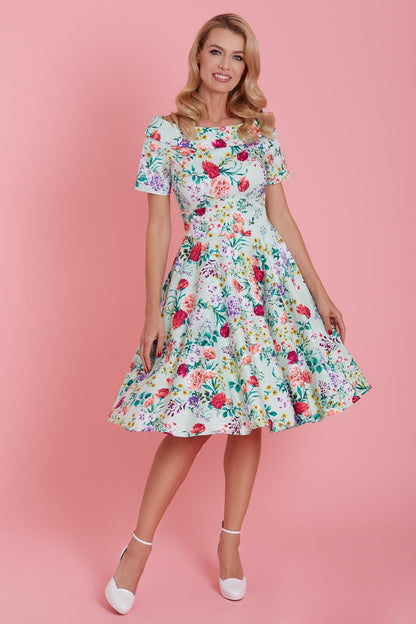 Darlene Floral Roses Swing Dress in Green