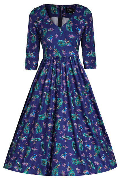 Billie Purple Dress in Peacock Birds Floral Print