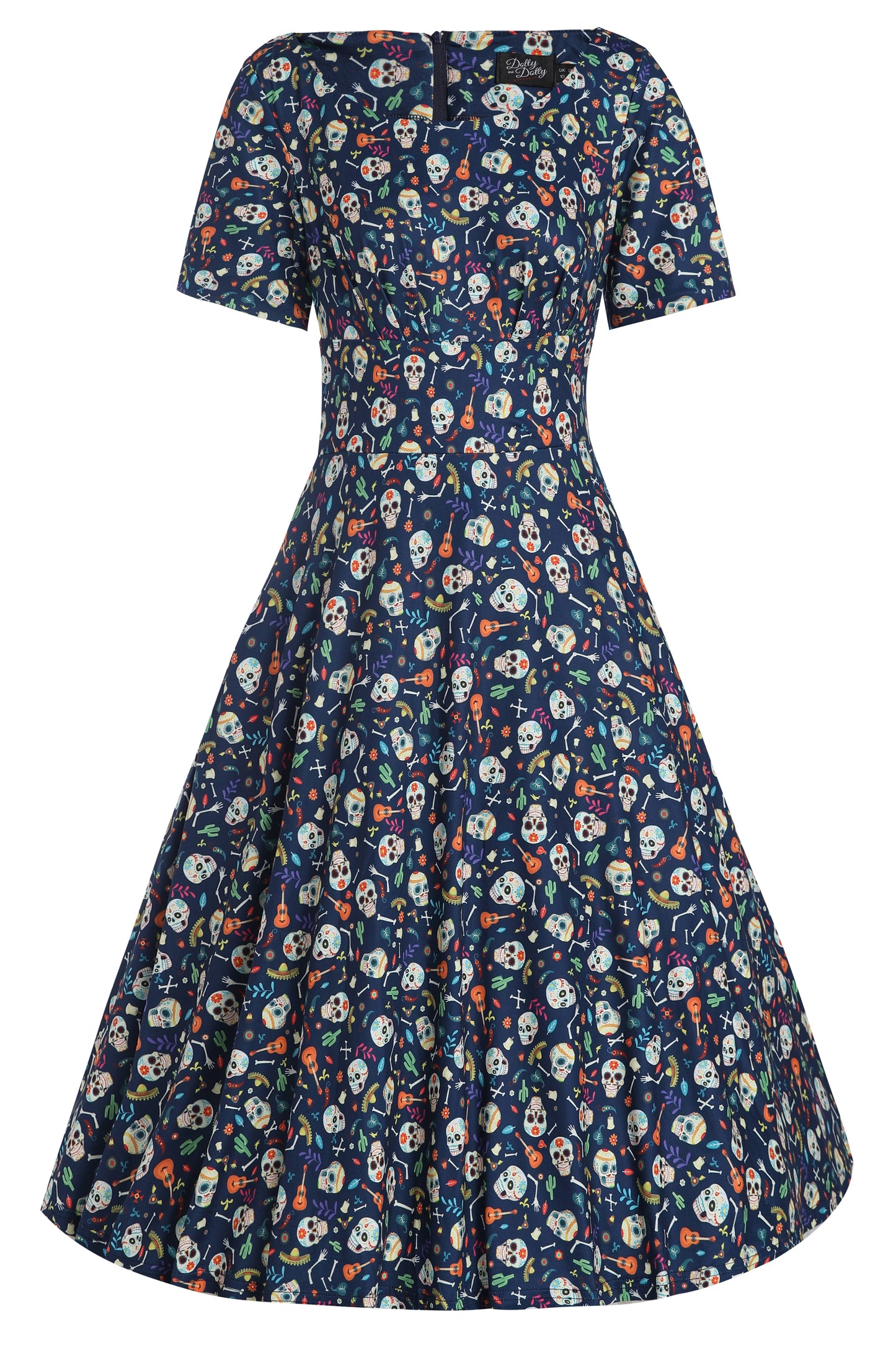 Brenda Navy Blue Flare Dress in Day of the Dead Sugar Skulls
