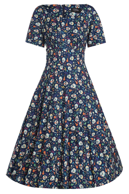 Brenda Navy Blue Flare Dress in Day of the Dead Sugar Skulls