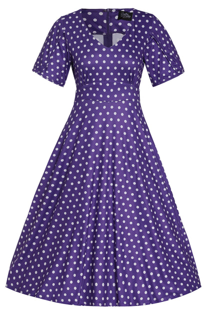 Janice Purple Polka Dot Sleeved Flared Tea Dress