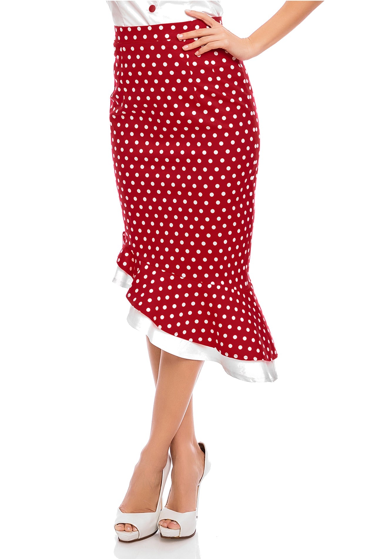 Madison High Waist 50s Style Ruffle Skirt In Red Polka Dots