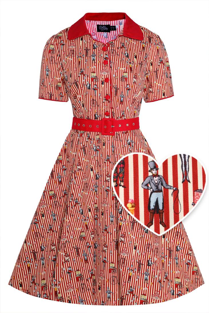 Penelope Red Vintage Circus Striped Shirt Dress