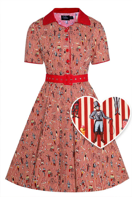 Penelope Red Vintage Circus Striped Shirt Dress