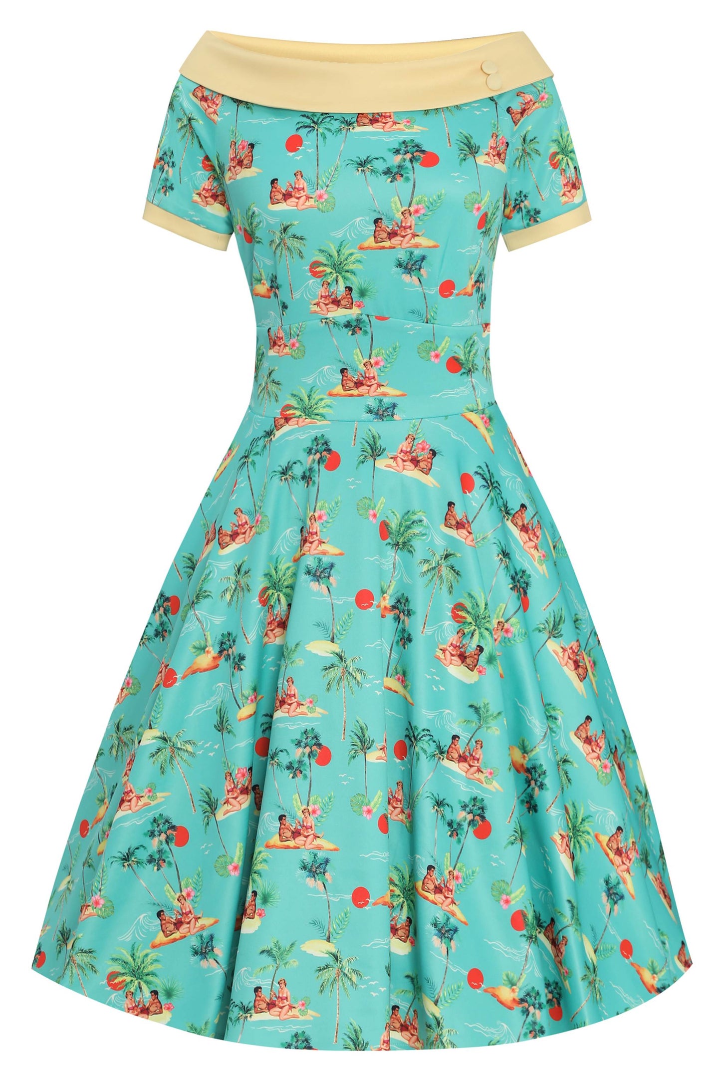 Darlene Turquoise Pinup Swing Dress in Tropical Island Print