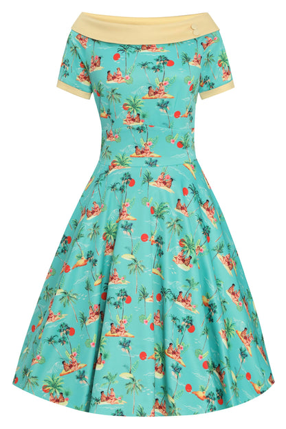 Darlene Turquoise Pinup Swing Dress in Tropical Island Print