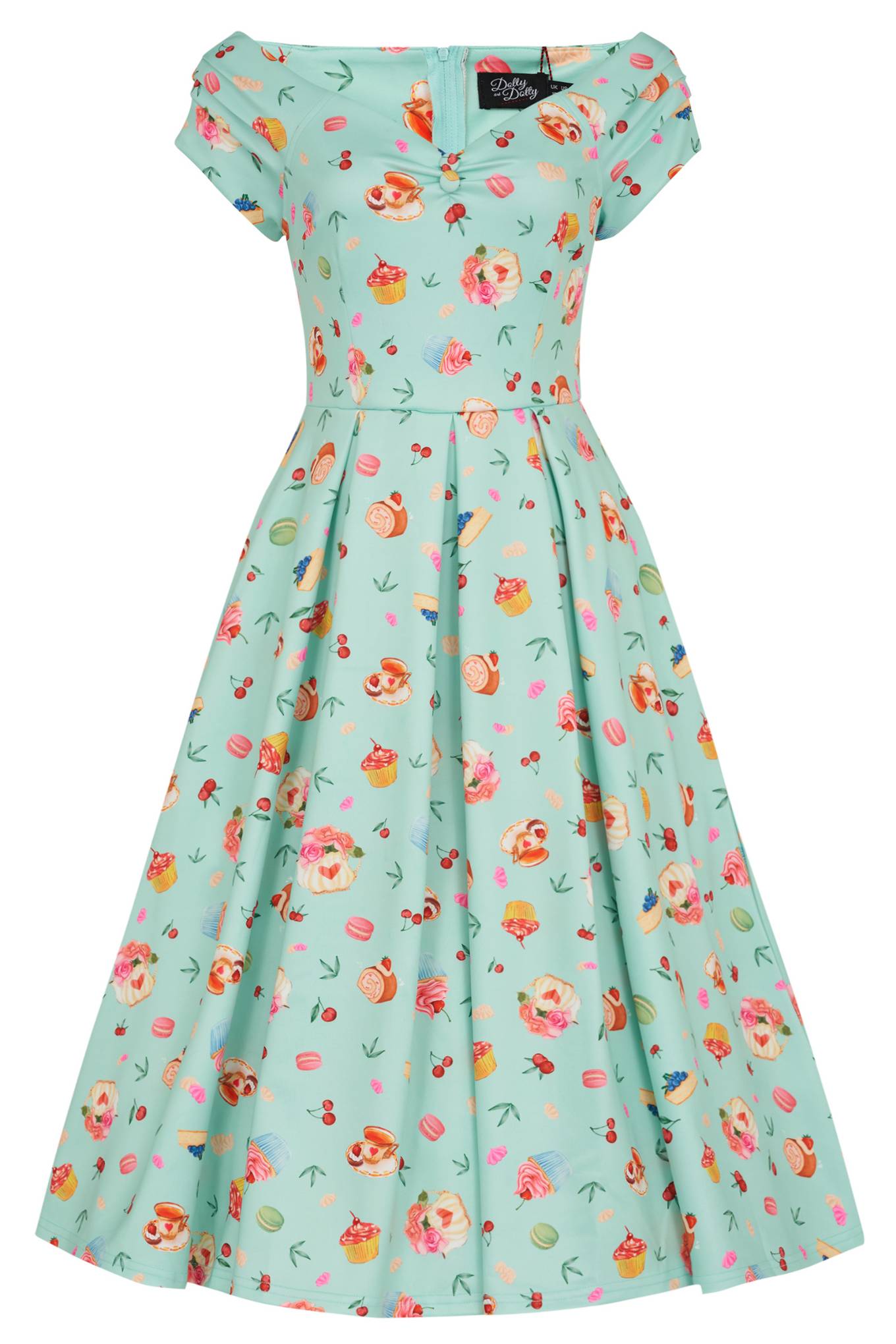 Lily Off Shoulder Dress In Pastel Afternoon Tea Cakes Print