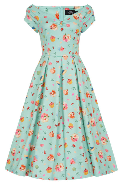 Lily Off Shoulder Dress In Pastel Afternoon Tea Cakes Print
