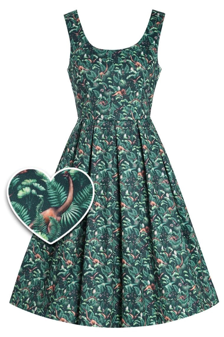Amanda Dinosaur Forest Flared Dress in Dark Green