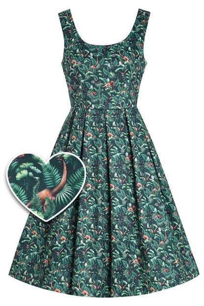 Amanda Dinosaur Forest Flared Dress in Dark Green