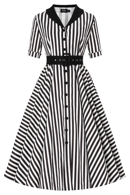 Mollie B&W Awning Striped Full Circle Shirt Dress