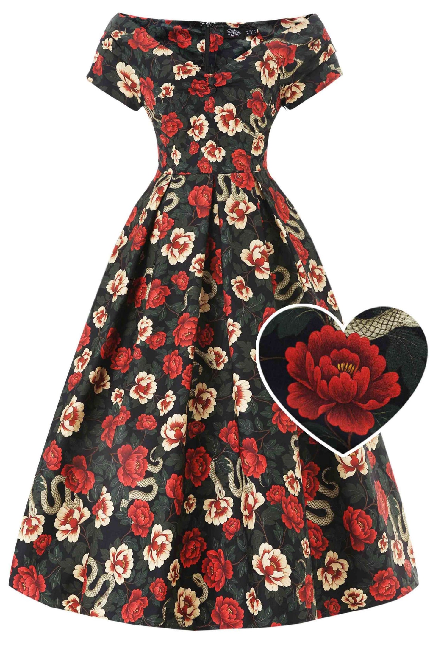 Lily Rockabilly Snake & Rose Off Shoulder Dress