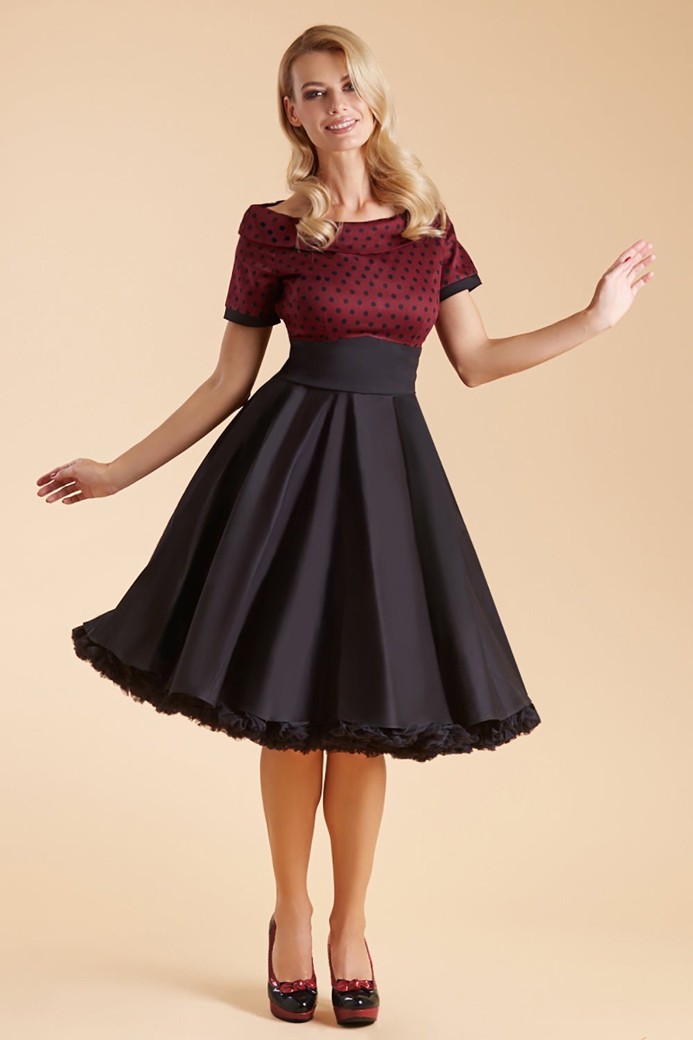 Darlene Full Circle Swing Dress in Burgundy Polka-Black
