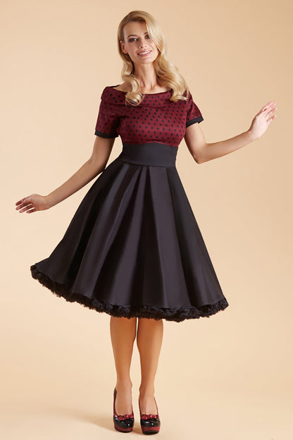 Darlene Full Circle Swing Dress in Burgundy Polka-Black