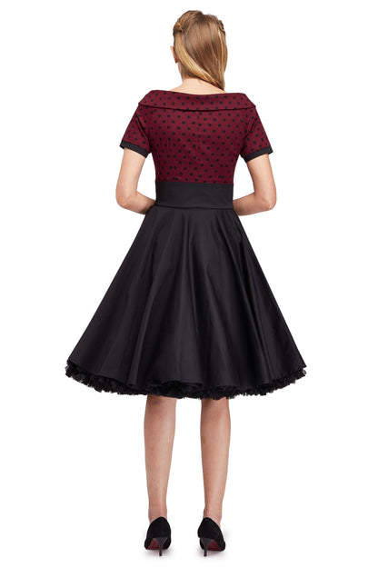 Darlene Full Circle Swing Dress in Burgundy Polka-Black