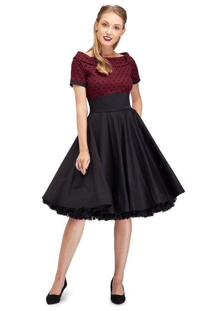 Darlene Full Circle Swing Dress in Burgundy Polka-Black