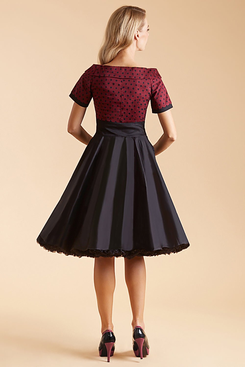 Darlene Full Circle Swing Dress in Burgundy Polka-Black