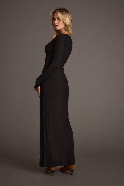 Gemma Black Long Sleeve Ribbed Maxi Dress