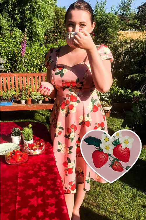 Claudia 50s Style Vintage Inspired Pink Strawberry Dress