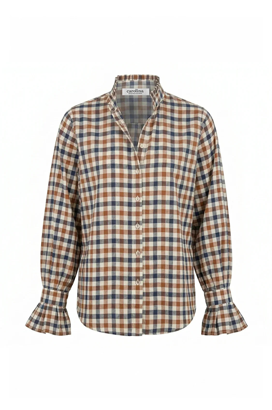 Jane Gingham Long Sleeve Top Navy and Brown