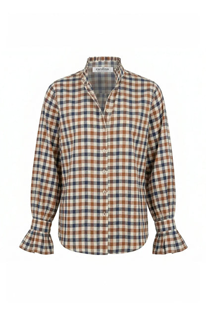 Jane Gingham Long Sleeve Top Navy and Brown
