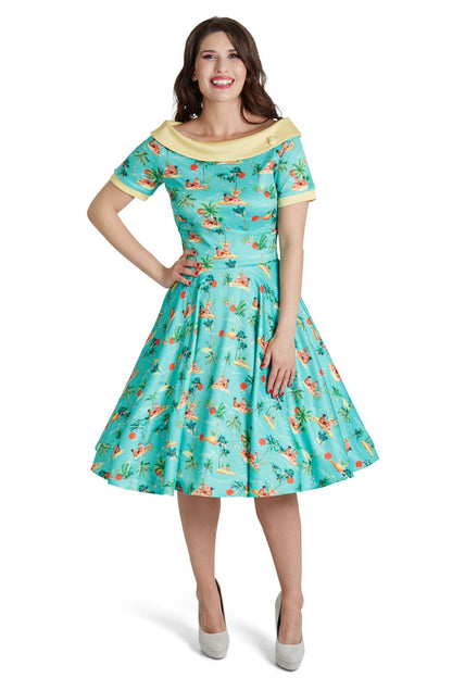 Darlene Turquoise Pinup Swing Dress in Tropical Island Print