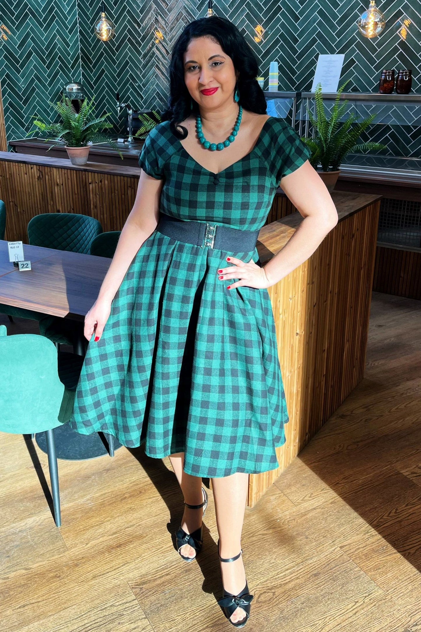 Lily Green Check Off Shoulder Dress