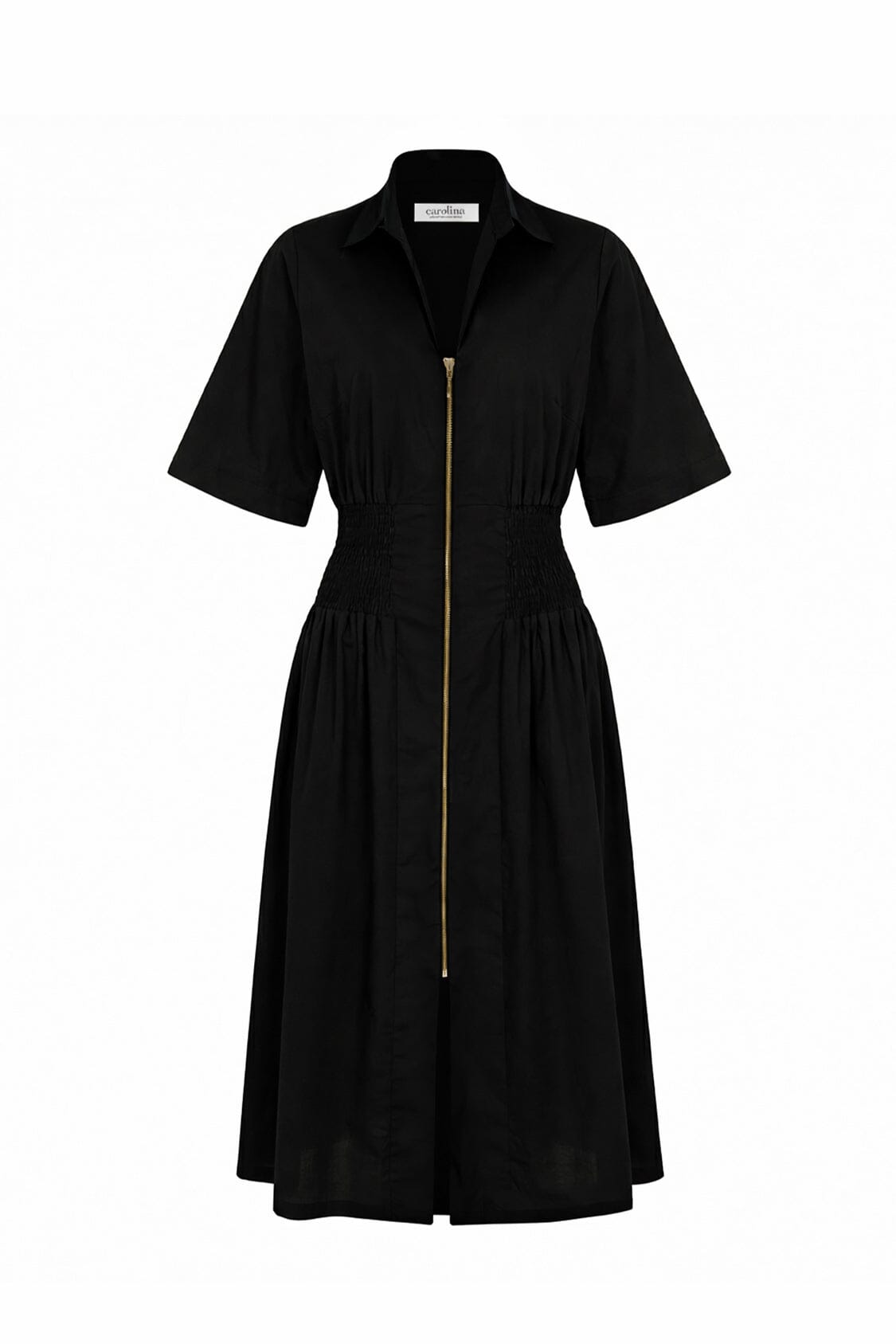 Laura Short Sleeve Smocked Waist Zip Front Midi Dress Black