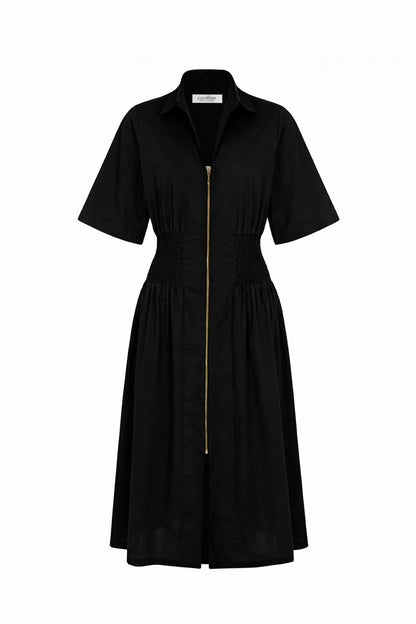 Laura Short Sleeve Smocked Waist Zip Front Midi Dress Black