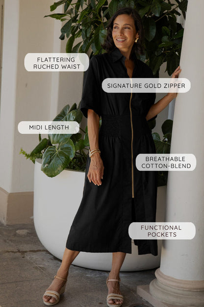 Laura Short Sleeve Smocked Waist Zip Front Midi Dress Black