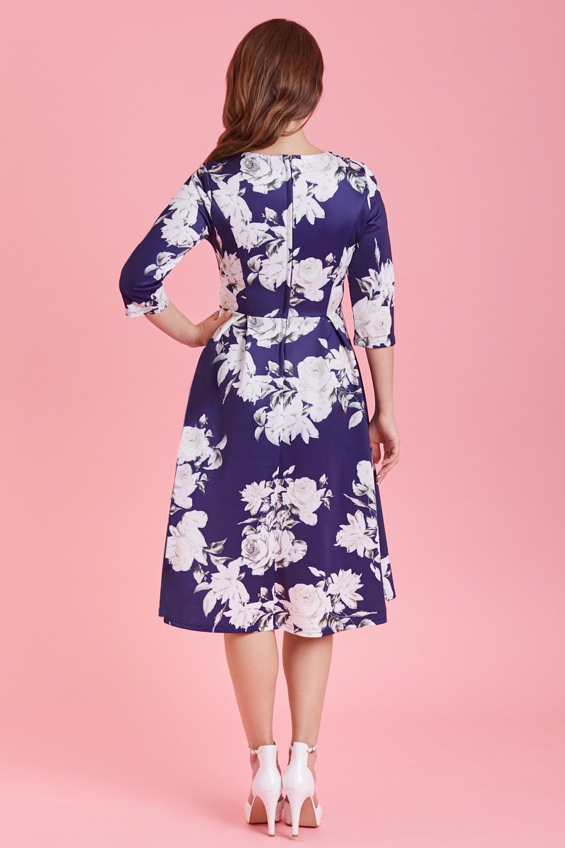 Beatrix Long Sleeved Navy & White Rose Midi Dress