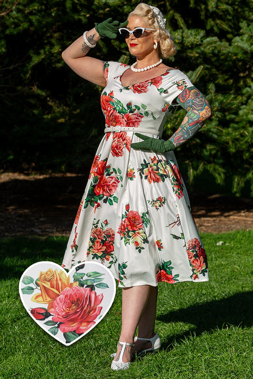 Lily Off Shoulder Rose Swing Dress In White