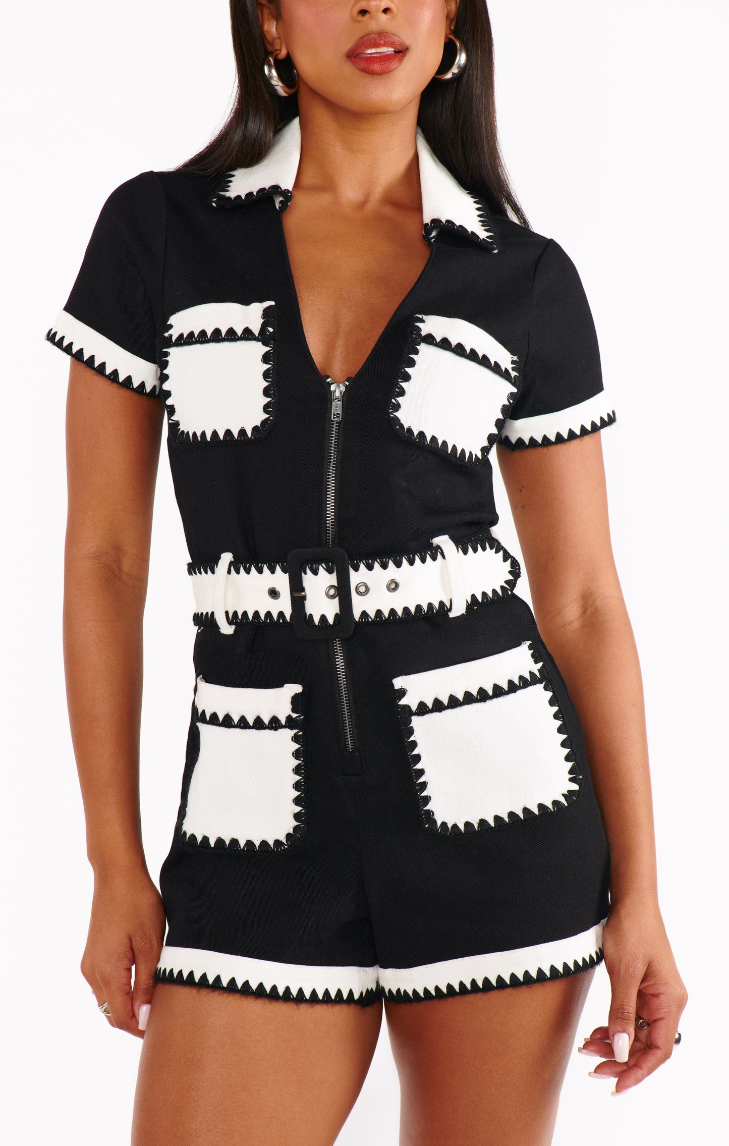Tempe Romper ~ Black White Colorblock Denim