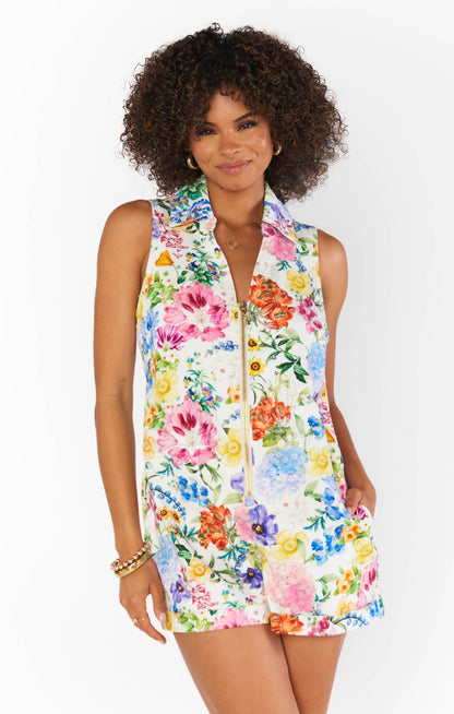 Reno Romper ~ Ivory Botanical Floral Denim