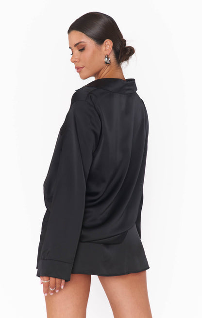 Smith Button Down ~ Black Luxe Satin