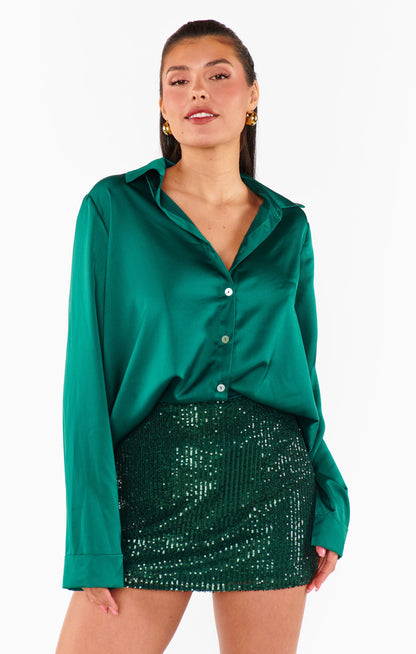 Smith Button Down ~ Emerald Luxe Satin