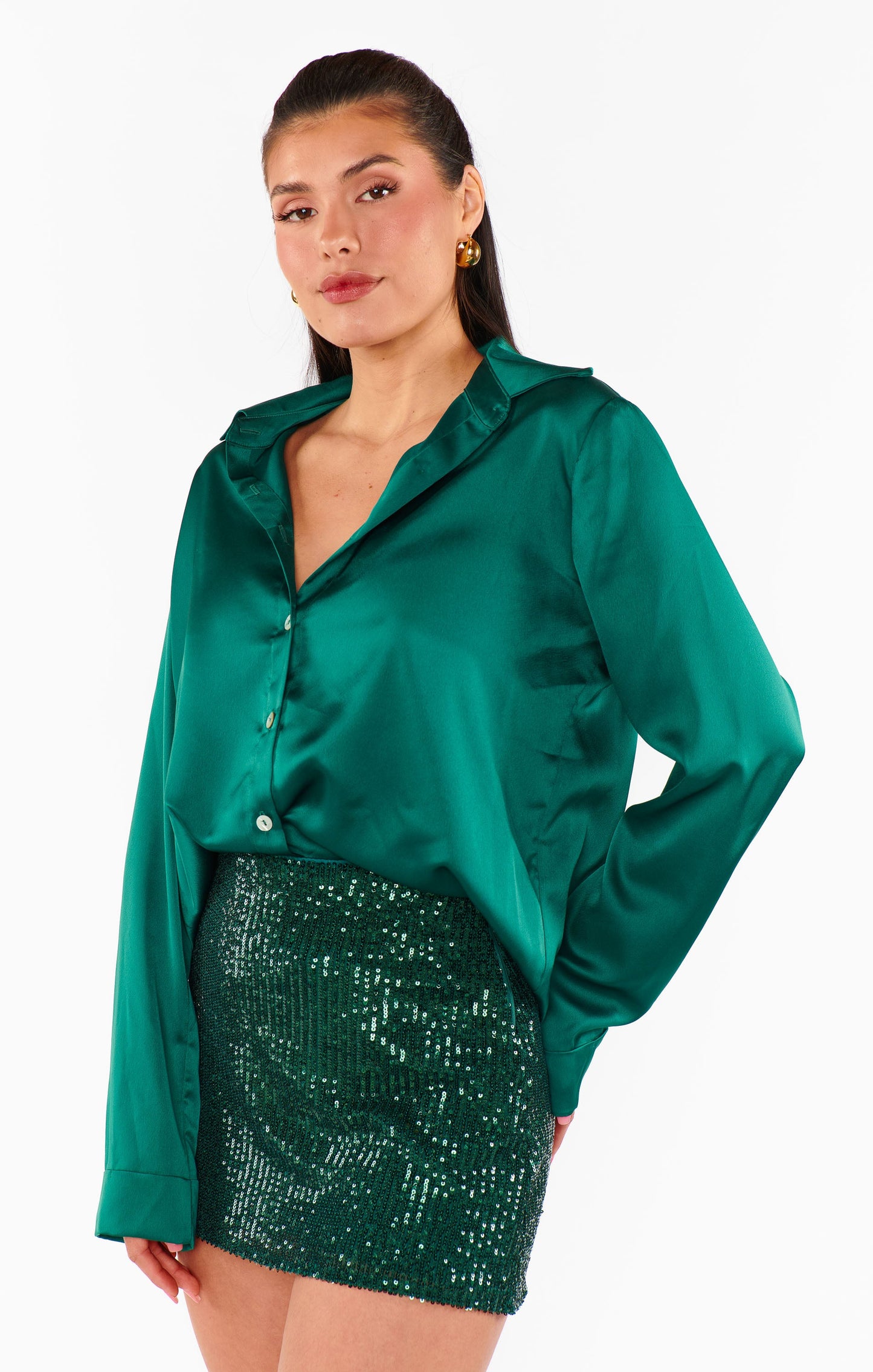 Smith Button Down ~ Emerald Luxe Satin