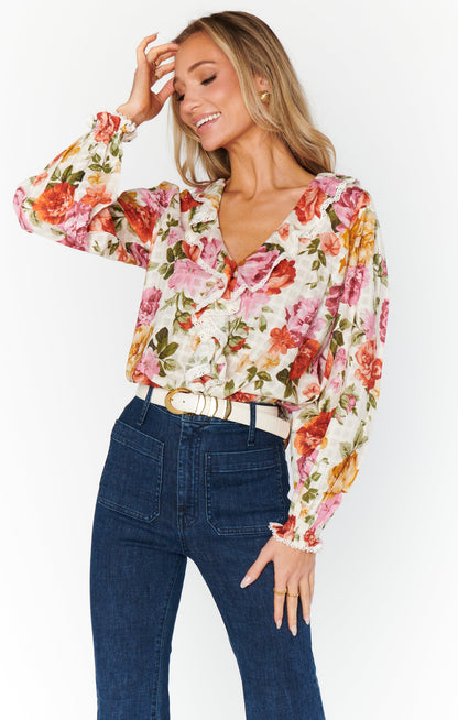 Lydia Ruffle Top ~ Ivory Hillside Floral