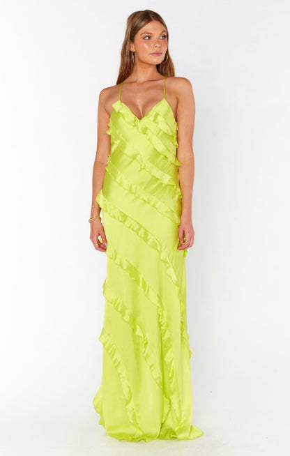 Romance Ruffle Dress ~ Citrine Luxe Satin