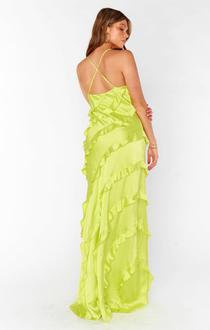 Romance Ruffle Dress ~ Citrine Luxe Satin