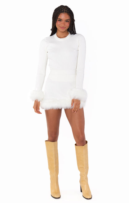 Fran Mini Skirt ~ White Knit with Faux Fur