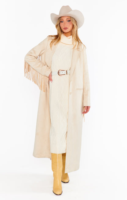 Sierra Fringe Maxi Jacket ~ Cream Faux Suede