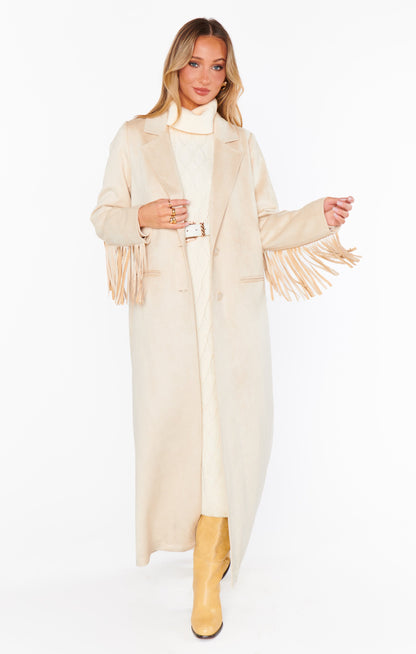 Sierra Fringe Maxi Jacket ~ Cream Faux Suede